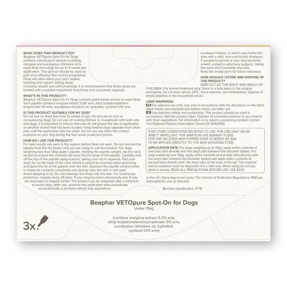 Beaphar Veto Pure Bio Spot On Dog - противопаразитни пипети за кучета, 3 броя