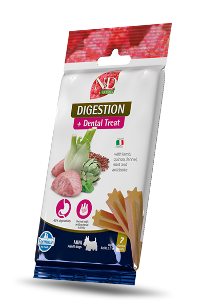 N&D Dog Dental Treat Digestion Adult Mini - дентални лакомства за здрав стомах за кучета от дребни породи с киноа, агнешко, фенел, мента и артишок 60 гр