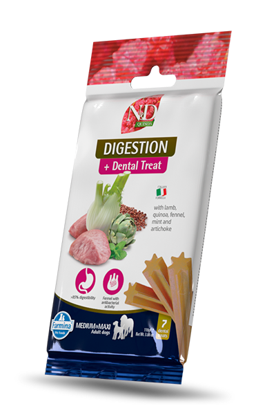 N&D Dog Dental Treat Digestion Adult Medium and Maxi - дентални лакомства за здрав стомах за кучета от средни и едри породи с киноа, агнешко, фенел, мента и артишок 100 гр