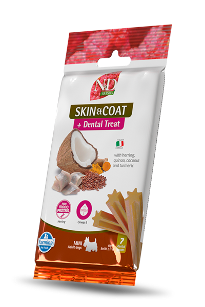 РАЗПРОДАЖБА N&D Dog Dental Treat Skin and Coat Adult Mini - дентални лакомства за здрава кожа и козина за кучета от дребни породи с киноа, херинга, кокос и куркума 60 гр