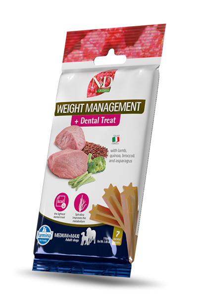 N&D Dog Dental Treat Weight Management Adult Medium and Maxi - дентални лакомства за контрол на теглото за кучета от средни и едри породи с киноа, агнешко, броколи и аспержи 100 гр