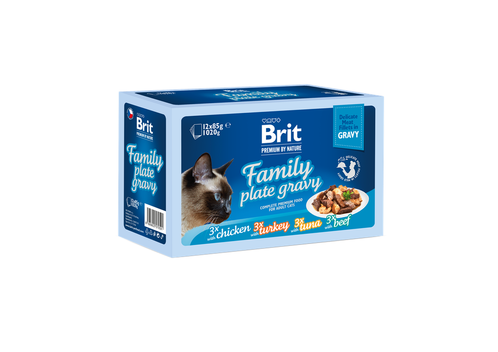 Brit Premium by Nature Fillets in Gravy Family Plate - паучове за котка в сос, микс от вкусове 12 х 85 гр