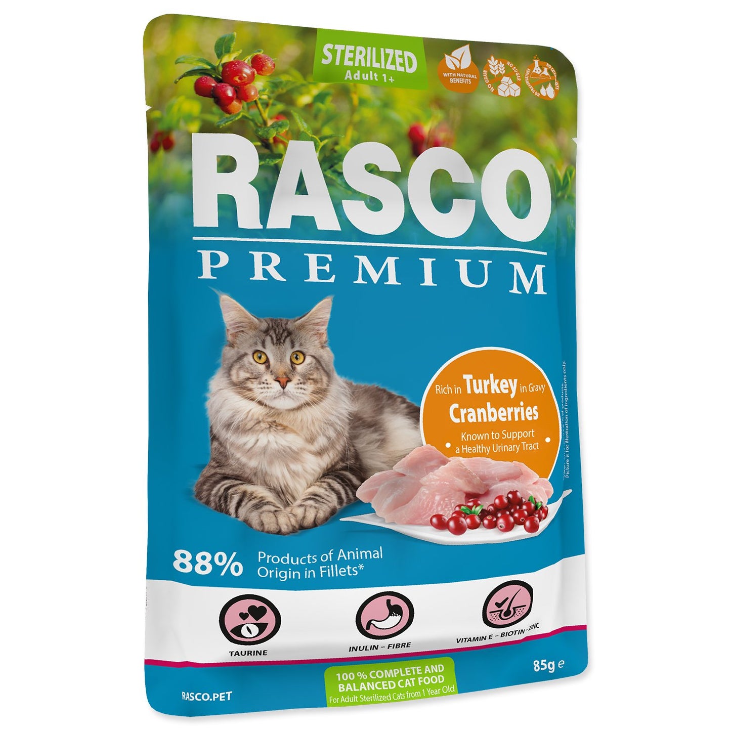 Rasco Premium Sterilised Turkey - пауч за кастрирани котки със пуешко в сос 85 гр.