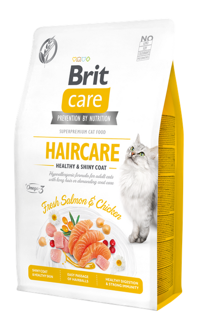 Brit Care Cat Grain-Free Haircare Healthy and Shiny Coat - пълноценна суха храна за котки за красива козина и здрава кожа