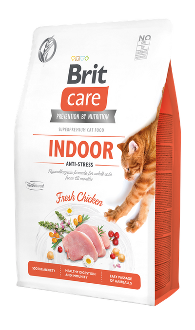 Brit Care Cat Grain-Free Indoor Anti-Stress - пълноценна суха храна с пилешко за котки живеещи на закрито