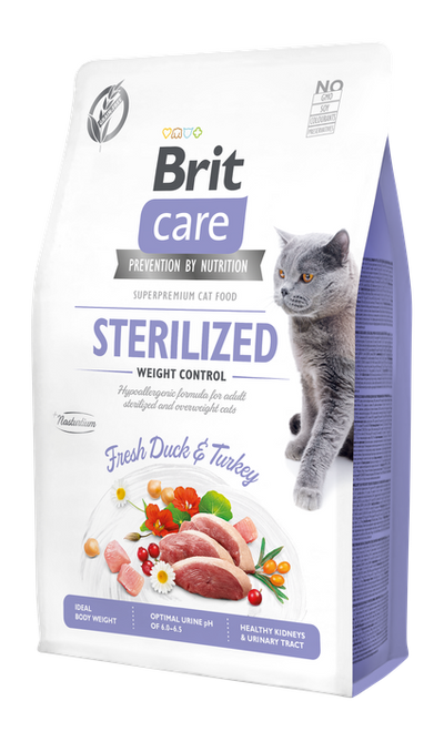 Brit Care Cat Grain-Free Sterilized and Weight Control - пълноценна суха храна за кастрирани котки с цел контрол на теглото