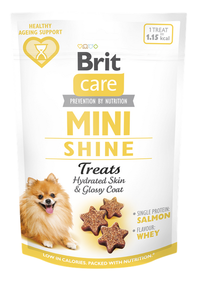 Brit Care Dog Mini Treats Shine - лакомство за кожа и козина със сьомга и суровватка 50 гр
