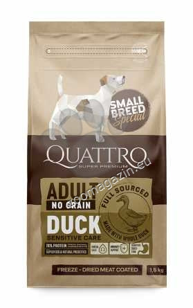 РАЗПРОДАЖБА Quattro No Grain Duck - пълноценна храна за кучета малки породи над 1 година с патешко месо 1.5 кг.