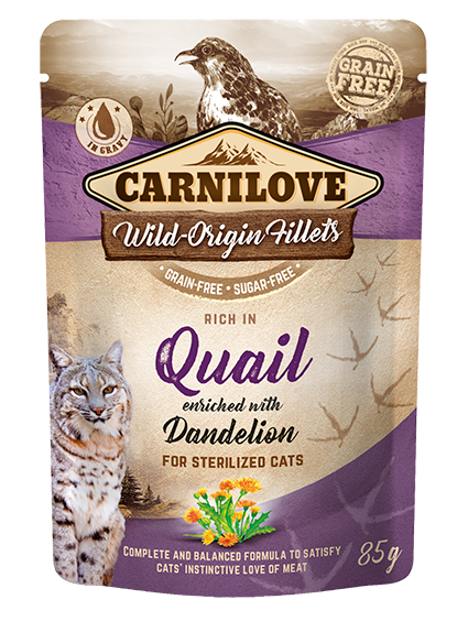 Carnilove cat pouch rich in Quail enriched with Dandelion for sterilized - пауч за кастрирани, възрастни котки с пъдпъдък и глухарче 85 гр