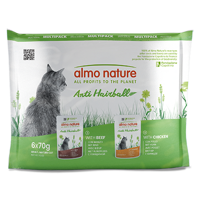 Almo Nature Anti Hairball Multipack with Beef and Chicken - мултиопаковка паучове за котка против космени топки с говеждо и пилешко месо 6 x 70 гр