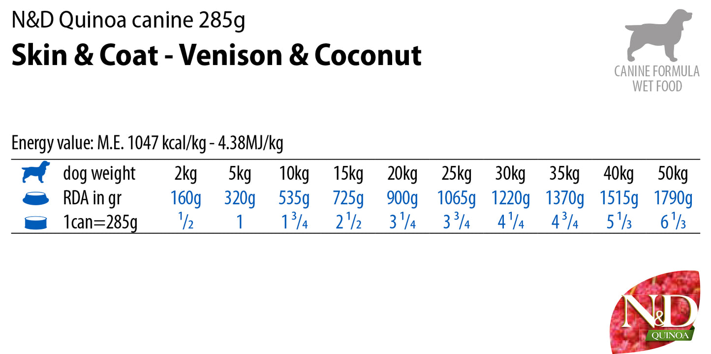 N&D Quinoa Dog Skin & Coat Venison & Coconut - с киноа, еленско и кокос 285 гр.