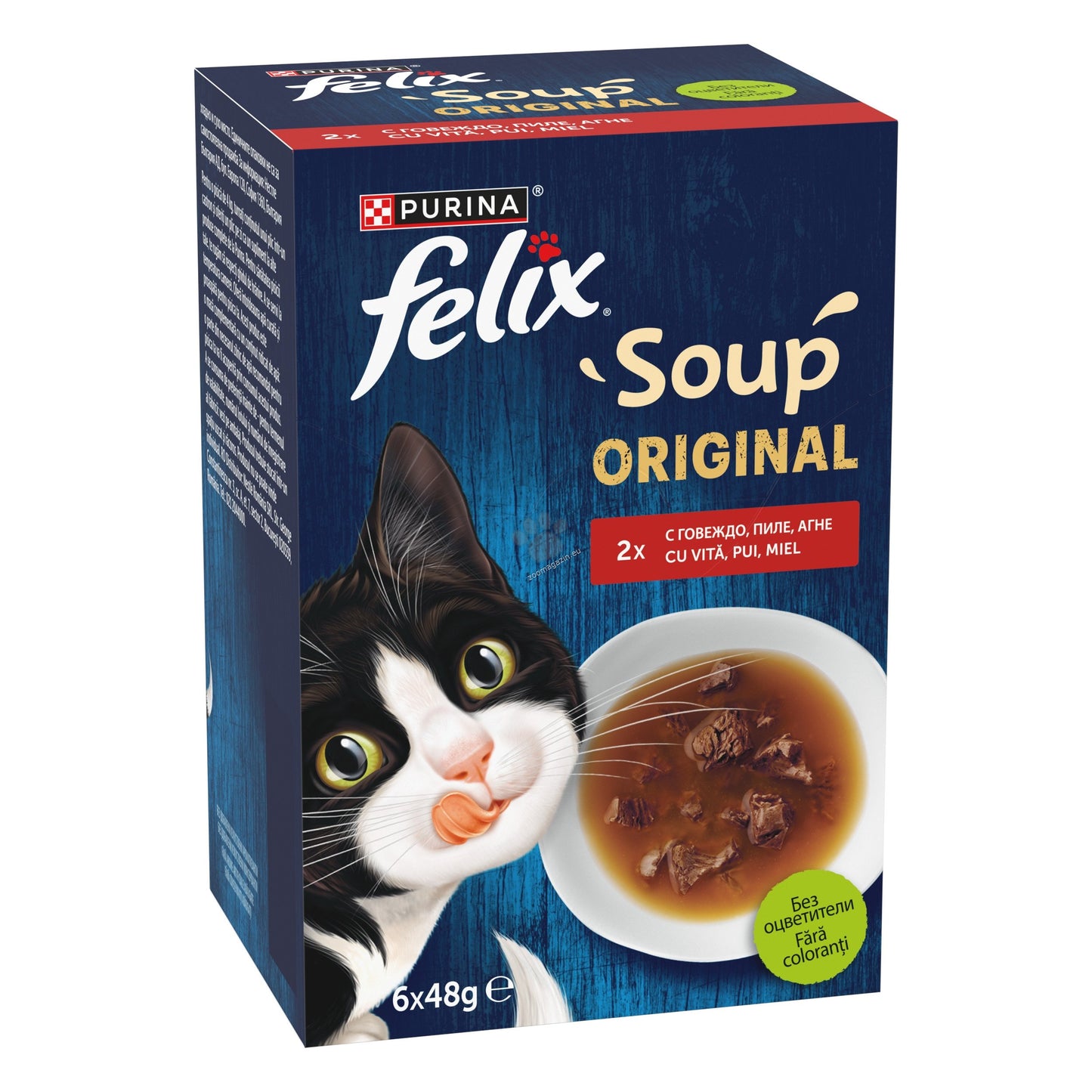 Felix Soup Original - допълваща храна за котки с пилешко, говеждо и агнешко месо 6 х 48 гр