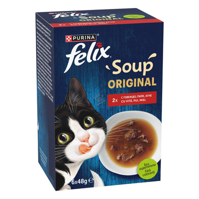 Felix Soup Original - допълваща храна за котки с пилешко, говеждо и агнешко месо 6 х 48 гр