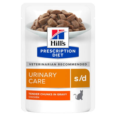Hills Prescription Diet s/d Urinary Care - диета за котки с уринарни проблеми, за бързо разтваряне на струвити, с пилешко, кутия, 12 x 85 гр