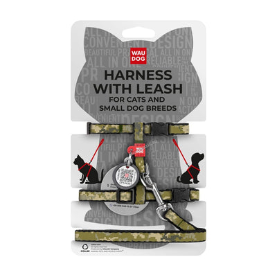 Waudog Harness with Lead Military XS - нагръдник с повод за котка с QR код за сигурност 25 / 40 см / 10 мм