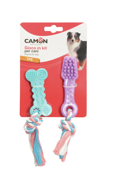 Camon TPE Toothbrush and Bone with Rope - играчка за куче 10 см