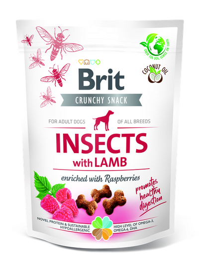 Brit Care Crunchy Cracker Insects with Lamb and Raspberries - лакомство за кучета с насекоми, агнешко и малини за здравословно храносмилане 200 гр
