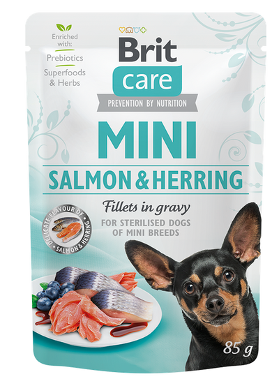 Brit Care Mini with Salmon and Herring Sterilised Fillets Gravy - пауч за кастрирани кучета от малки породи със сьомга и херинга 85 гр