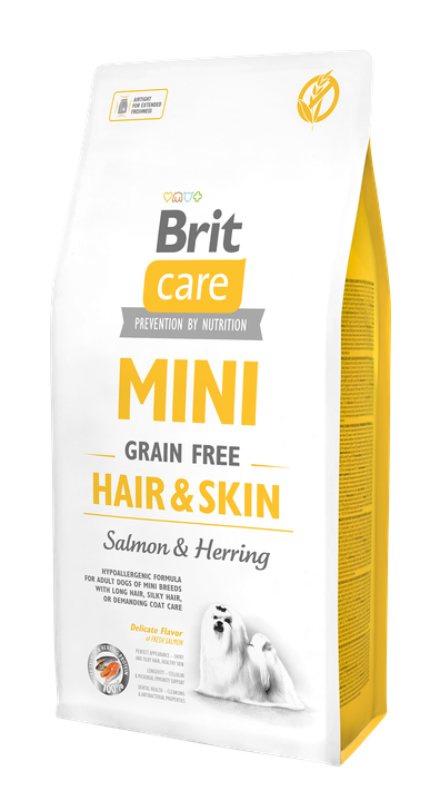 Brit Care Mini Grain Free Hair and Skin - суха храна за кучета със сьомга и херинга за красива и здрава козина