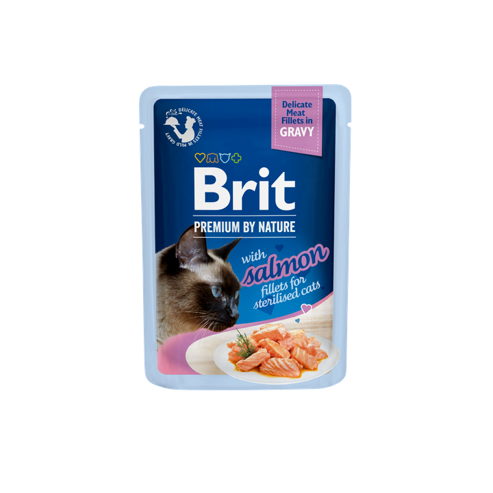 Brit Premium by Nature Fillets in Gravy with Salmon For Sterilised - пауч за кастрирани котки със сьомга в сос 85 гр