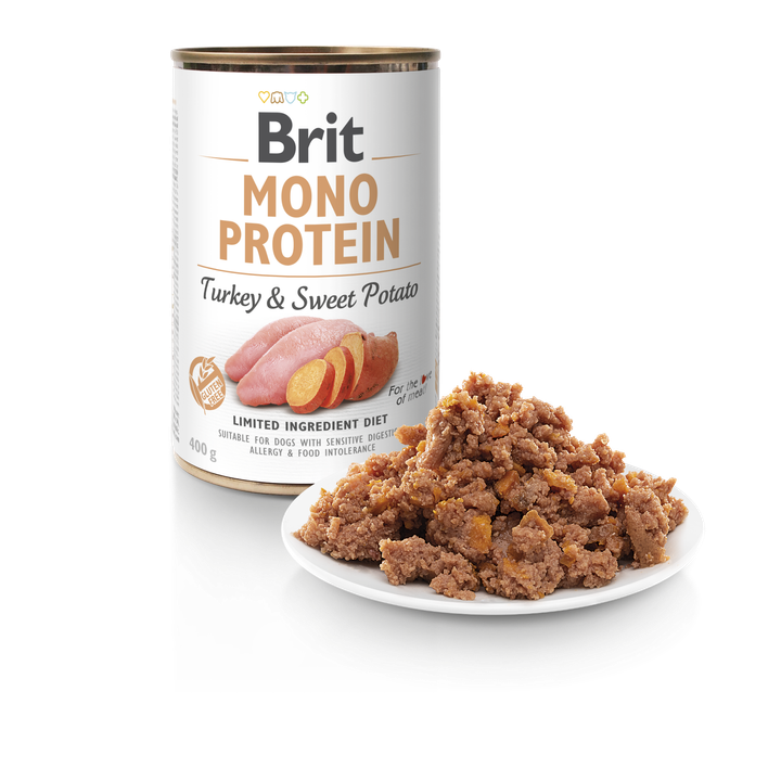 Brit Mono Protein Turkey and Sweet Potato - монопротеинова консерва за кучета с пуешко месо и сладки картофи 400 гр