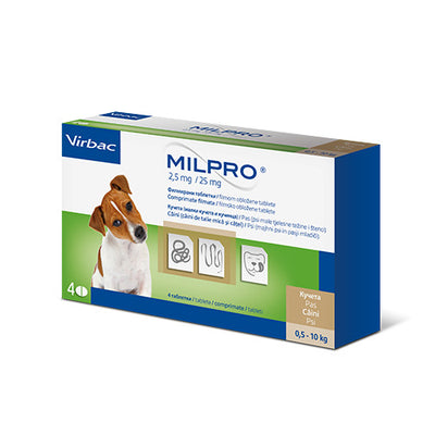 Virbac Milpro 2,5 / 25 мг - противопаразитни таблетки за кучета до 5 кг, 4 броя