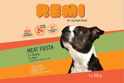 Remi Meat Fiesta Multipack - микс паучове за куче с пилешко и говеждо месо 4 х 100 гр