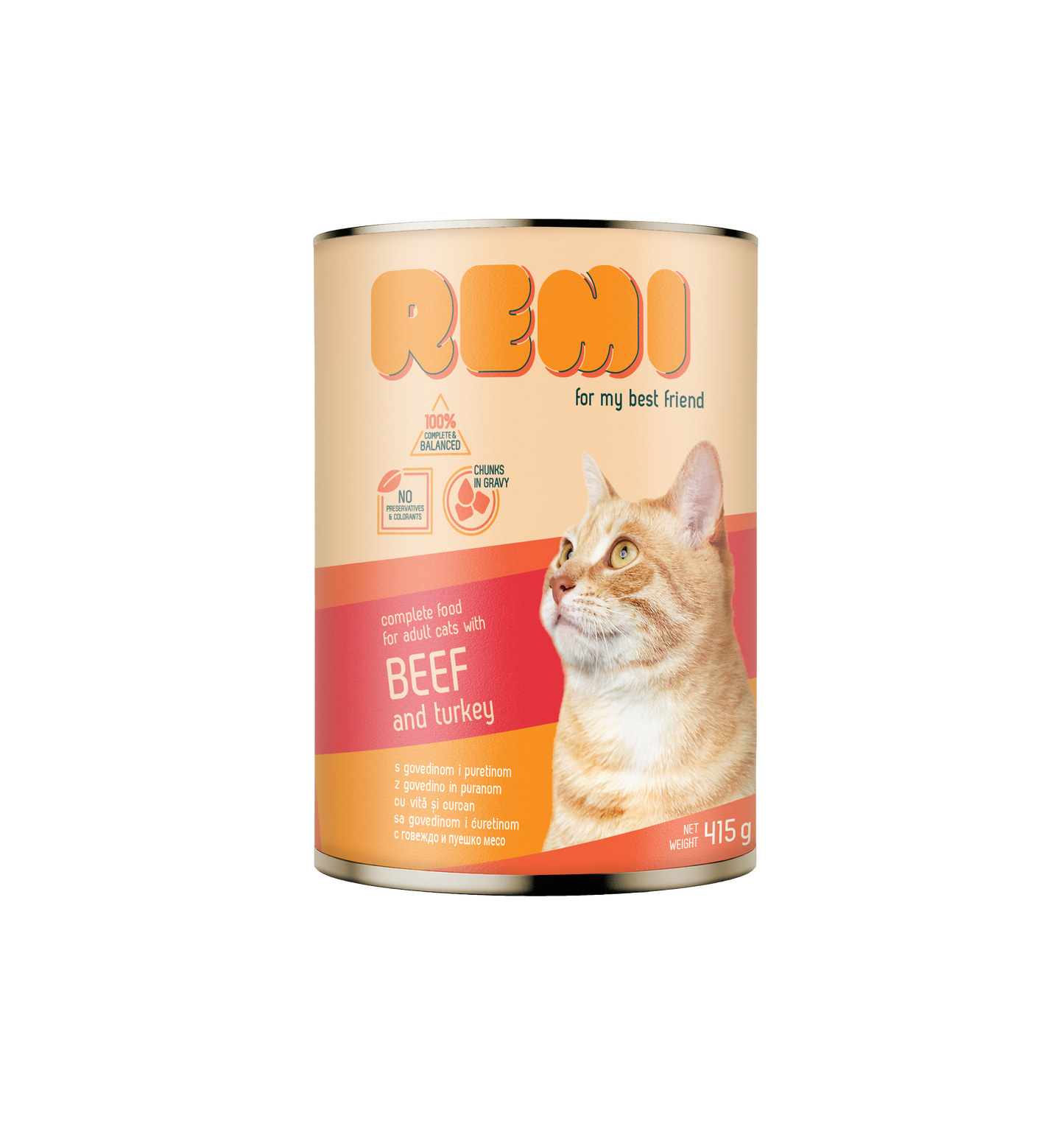 Remi Cat Chunks in Gravy with Beef and Turkey - консерва за котки, хапки в сос с говеждо и пуешко месо 415 гр