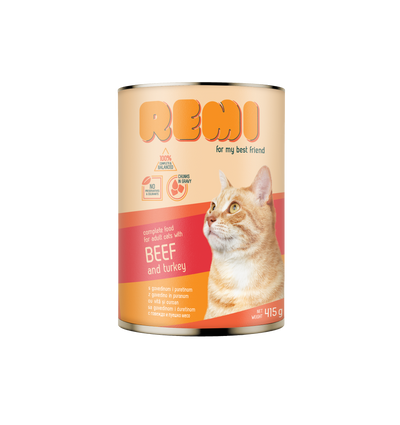 Remi Cat Chunks in Gravy with Beef and Turkey - консерва за котки, хапки в сос с говеждо и пуешко месо 415 гр