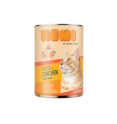 Remi Cat Chunks in Gravy with Chicken and Liver - консерва за котки, хапки в сос с пилешко и черен дроб 415 гр