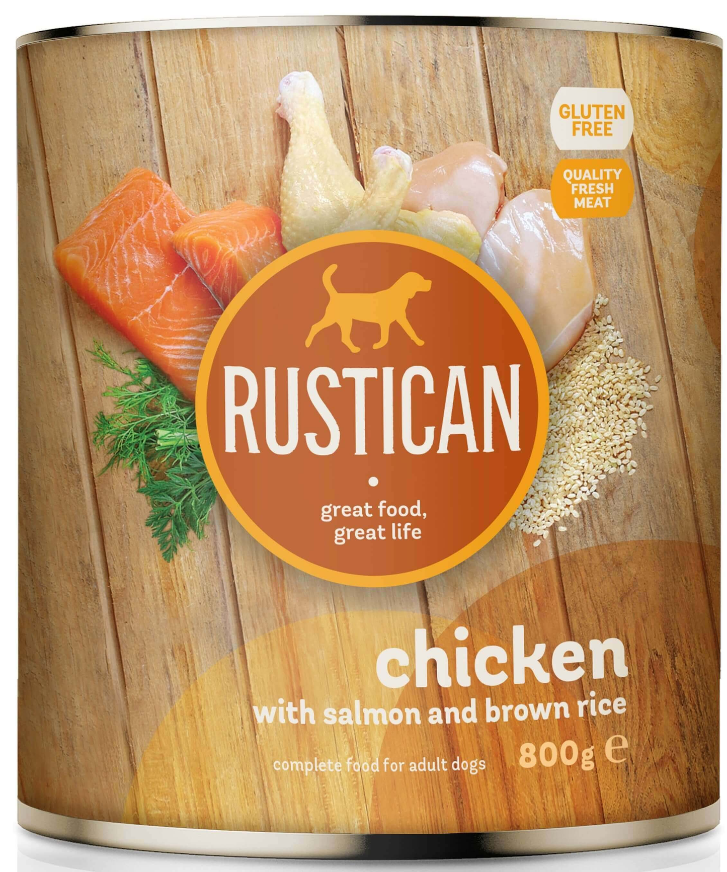 Rustican Chicken with Salmon & Brown Rice - консерва за кучета с пилешко, сьомга и кафяв ориз 800 гр