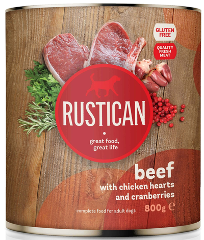 Rustican Beef with Chicken Hearts and Cranberry - консерва за кучета с говеждо, пилешки сърчица и червени боровинки