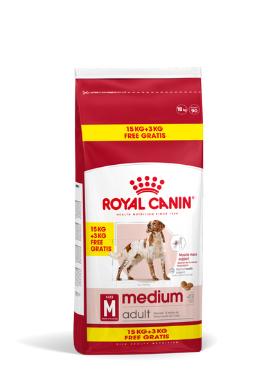 Royal Canin Medium Adult - пълноценна храна за кучета от средните породи, с тегло от 11 до 25 кг.,над 12 месечна възраст 15 + 3кг