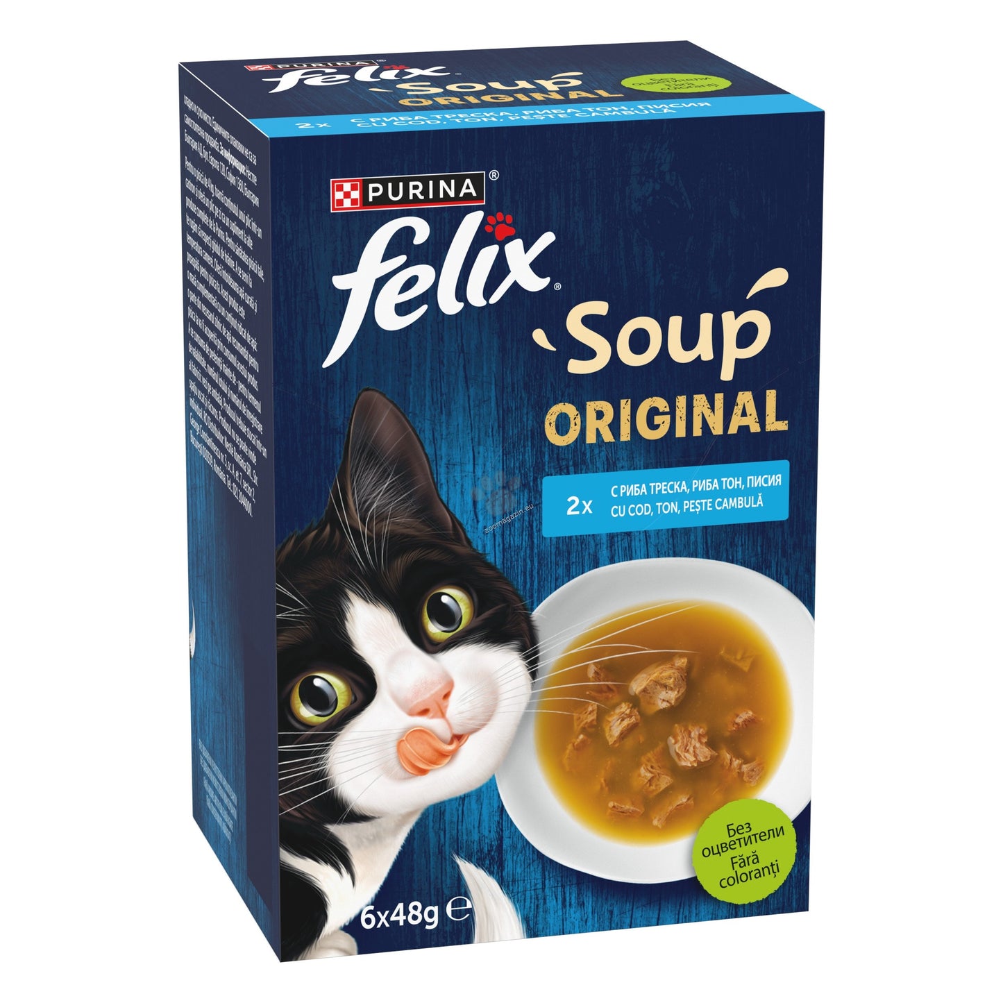 Felix Soup Original - допълваща храна за котки с риба тон, треска и писия 6 х 48 гр