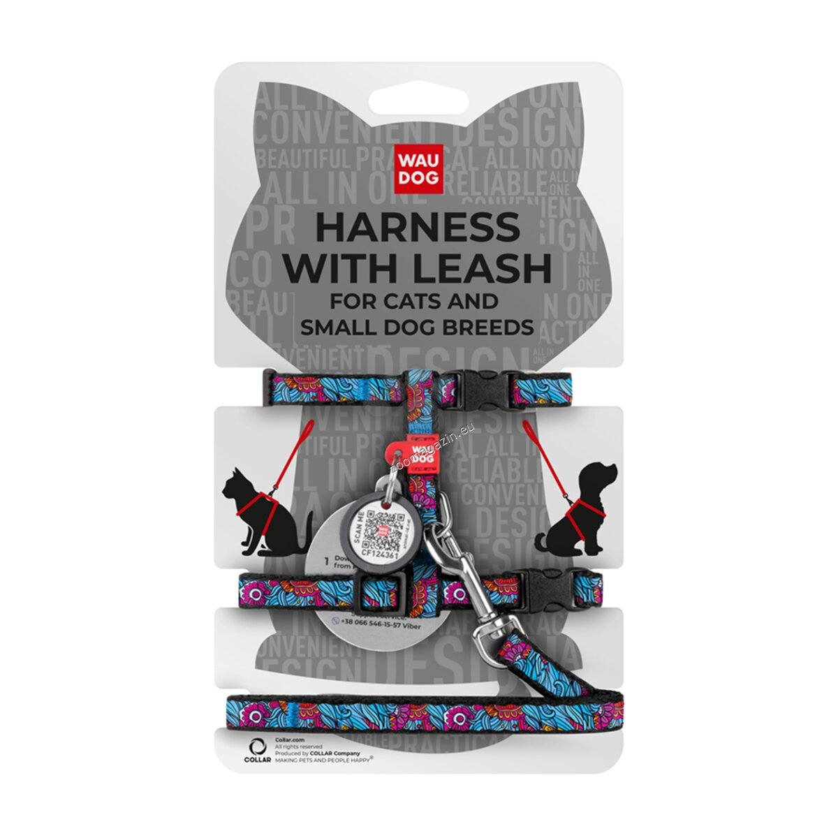 Waudog Harness with Lead Summer XS - нагръдник с повод за котка с QR код за сигурност 25 / 40 см / 10 мм