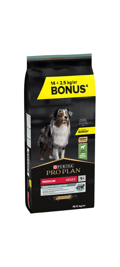 Pro Plan Adult Medium Sensitive Digestion - суха храна за кучета от средни породи с агнешко месо и ориз 14 + 2,5 кг