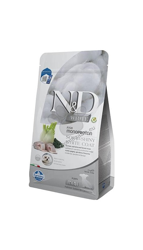 N&D White Dog Puppy Mini Sea Bass, Spirulina and Fenel - пълноценна храна за кученца от малки породи с лаврак 1,5 кг