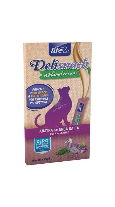 Life Cat Delisnacks - течно лакомство за котка с патешко и котешка трева 6 х 15 гр.