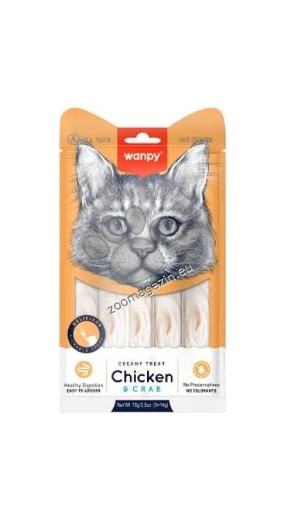 Wanpy Cat - кремообразно лакомство за котки с пилешко и раци, 5х14 гр.