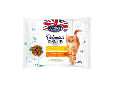 Butchers Delicious Dinners Multipack - паучове за котки с пилешко и пилешко и пуешко месо 4x100 гр