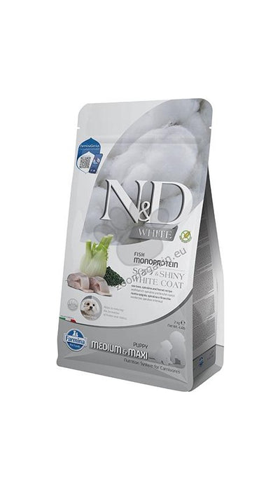 N&D White Dog Puppy Medium and Maxi Sea Bass, Spirulina and Fenel - пълноценна храна за кученца от средни и едри породи с лаврак 2 кг