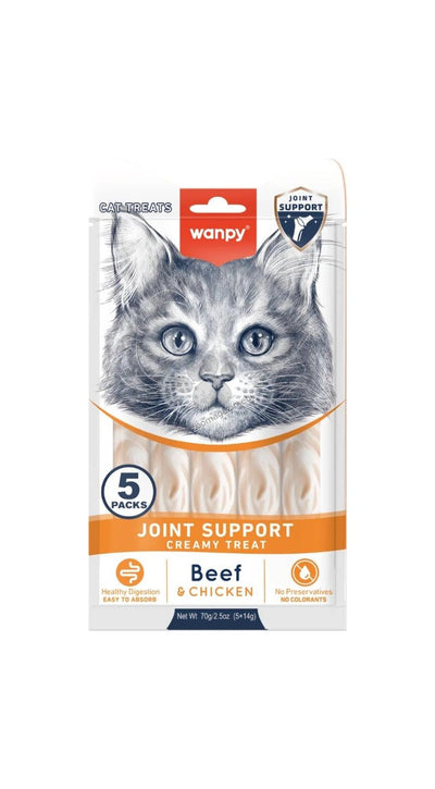 Wanpy Cat Joint Support - кремообразно лакомство за котки с говеждо и пилешко, за здрави стави 5 х 14 гр