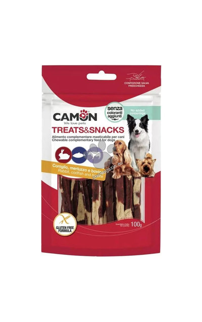 Camon Chew Sticks with Rabbit, Cod and Rawhide - солети със заешко, треска и телешка кожа 100 гр