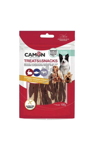 Camon Rabbit, Codfish and Rawhide Jerky - лакомство за кучета със заешко, треска и телешка кожа 100 гр