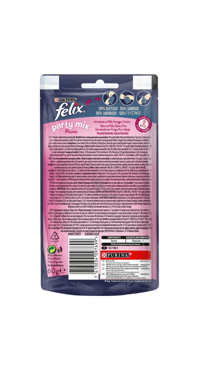 Felix Party Mix Picnic - допълваща суха храна за възрастни котки с вкус на пиле, сирене и пуешко 60гр.