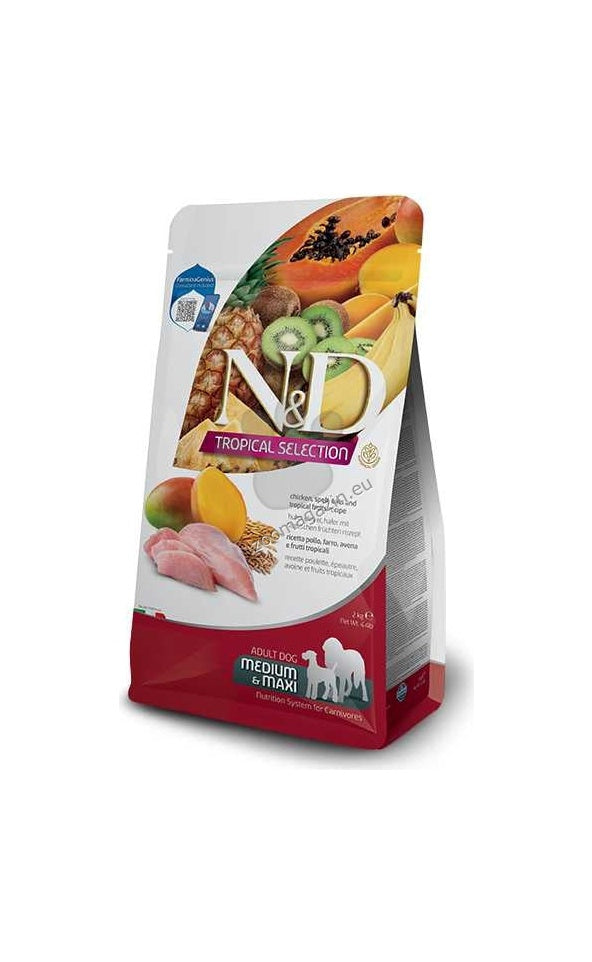 N&D Dog Tropical Selection Chicken Adult Med/Max - суха храна за кучета над 1 година от средните и едри породи, с пилешко, спелта, овес и тропически плодове