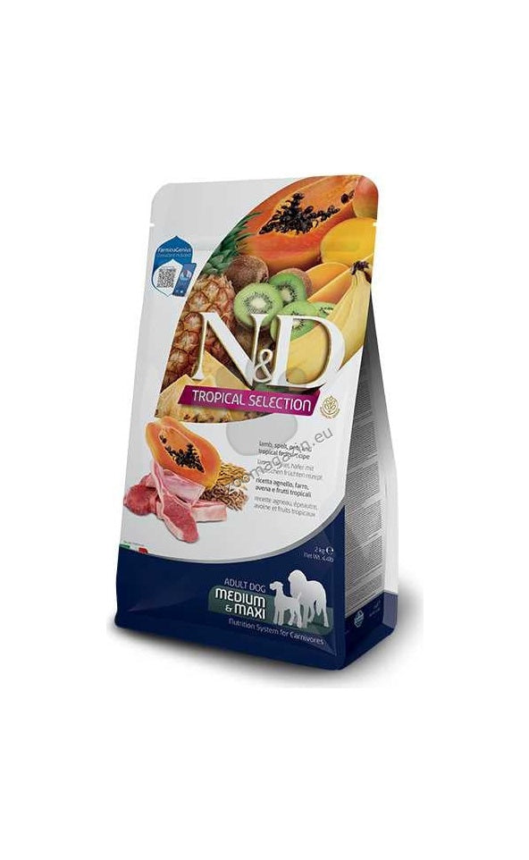 N&D Dog Tropical Selection Lamb Adult Med/Max - суха храна за кучета над 1 година от средните и едри породи, с агнешко, спелта, овес и тропически плодове