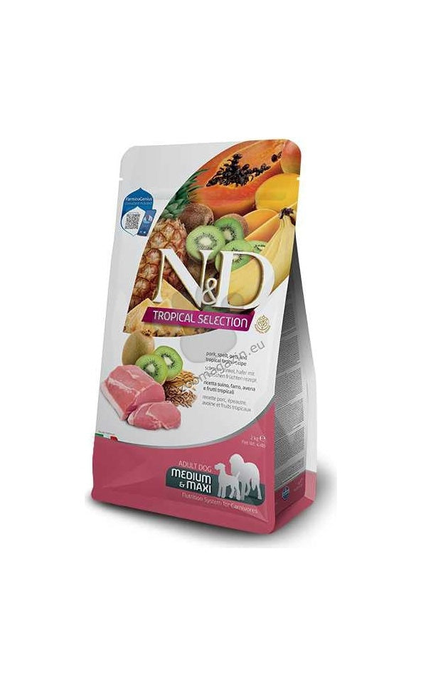 N&D Dog Tropical Selection Pork Adult Med/Max - суха храна за кучета над 1 година от средните и едри породи, със свинско, спелта, овес и тропически плодове
