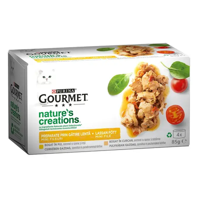 Gourmet Natures Creations Mix - консерваа за котки с пилешко, спанак, домати и пуешко 4 х 85 гр