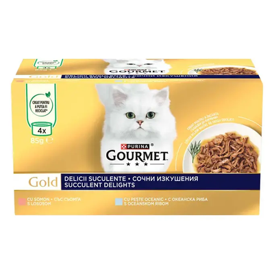 Gourmet Gold Succulent Delights - консерва за котки със сьомга и с океанска риба 4 х 85 гр